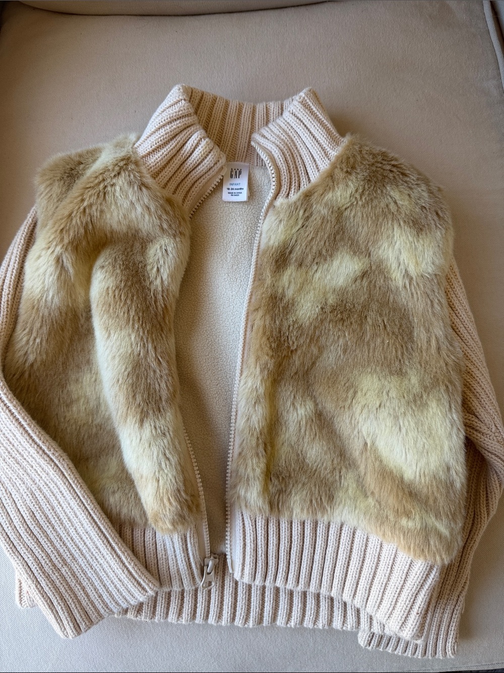 Kids Cream Faux Fur & Knit Zip Jacket